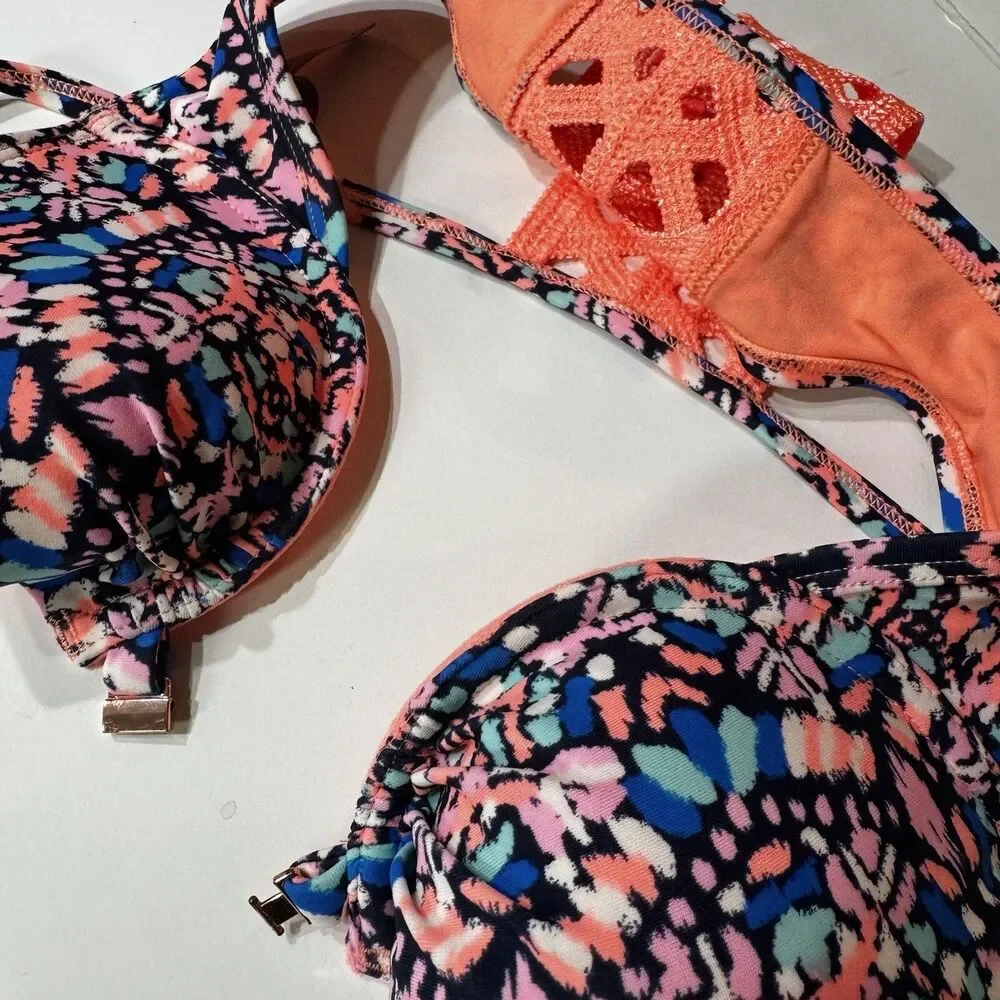 AERIE Womens Size 32B Tribal Pattern Racerback Bikini Top Coral Wired